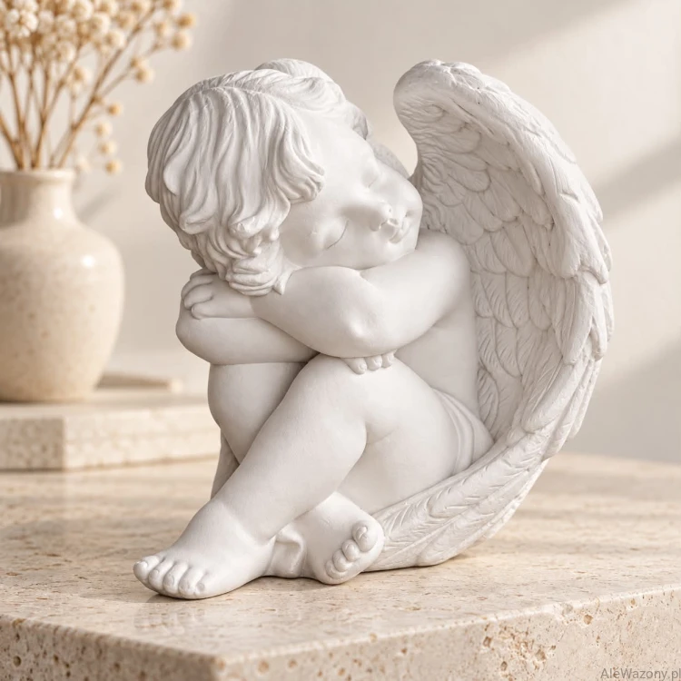 Gipsowy Aniołek biały siedzący chłopiec 13 cm