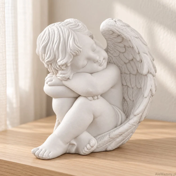 Gipsowy Aniołek biały siedzący chłopiec 13 cm
