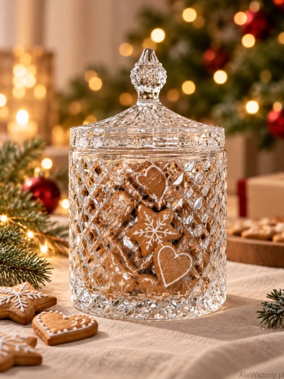 Bomboniera szklana z pokrywą szlifowany wzór rombów 20 cm x 13 cm